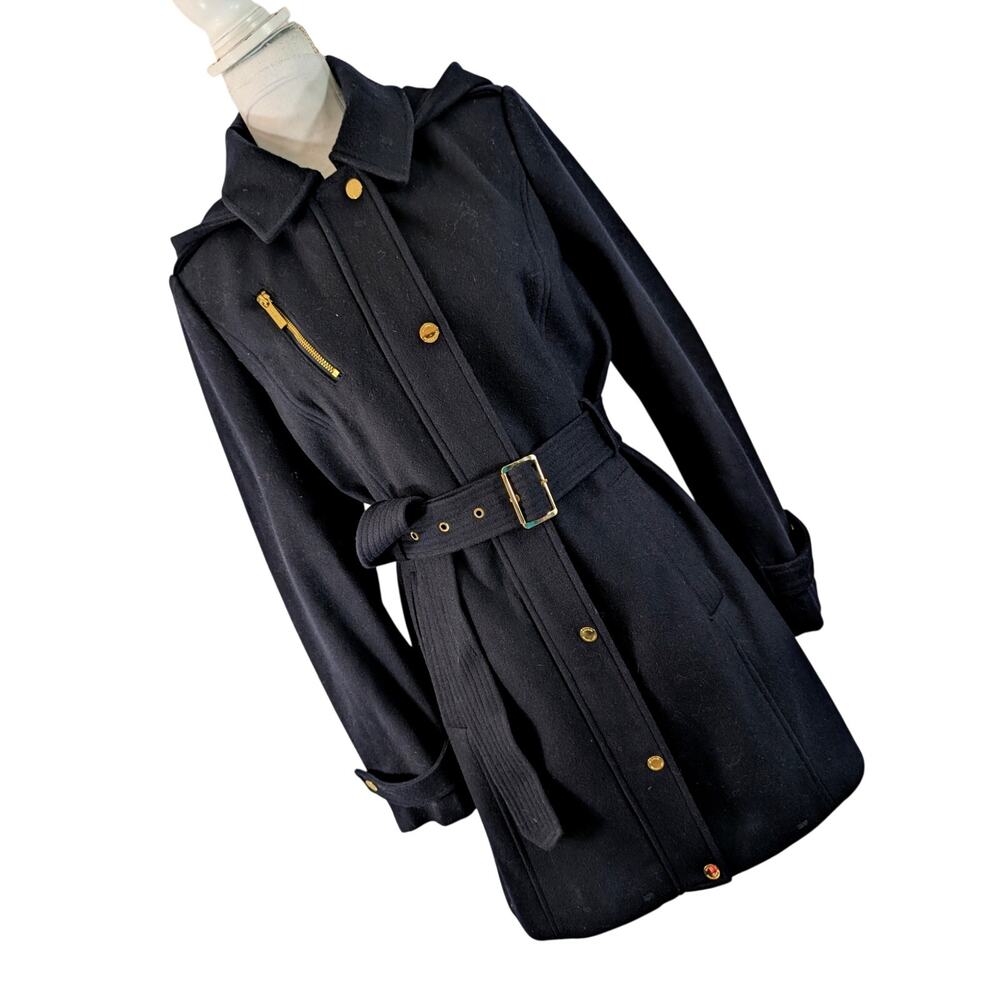 NWOT! MICHAEL KORS! NAVY BLUE FINE WOOL BLEND, BELTED, REMOVABLE HOOD COAT! 8